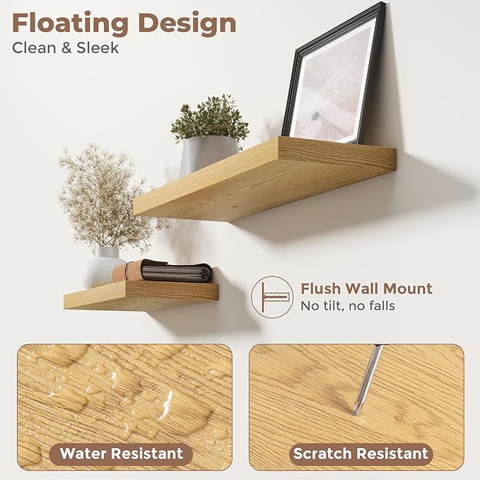 32 Inch Floating Shelves for Wall Set of 2, 8"D Wood Grain Bathroom Shelves with Invisible Brackets, Easy Install Engineered Wood Storage Shelves for Kitchen, Living Room, Bedroom, Oak Finish