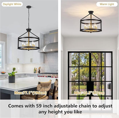 6-Light Modern Farmhouse Chandelier, Black and Gold Semi Flush Mount Ceiling Light Fixture Convertible Hanging Pendant Lights, Rustic Vintage Chandeliers for Dining Room Foyer Kitchen Bedroom Entryway