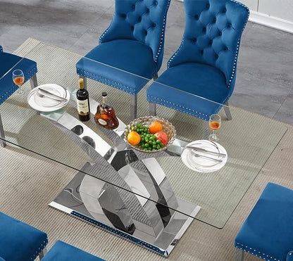 Luxury Silver Glass Dining Table for 6-8 Modern 70" Rectangular Kitchen Table with Stainless Steel Base Large Clear Glass Top Dining Room Tables for Home Office