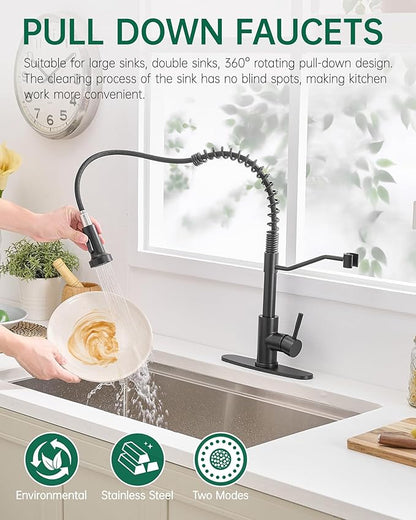 AIMADI Black Kitchen Faucet with Soap Dispenser and Pull Down Sprayer, Matte Black Commercial Spring Single Handle Stainless Steel Sink Faucet for Farmhouse Camper Laundry Rv Bar