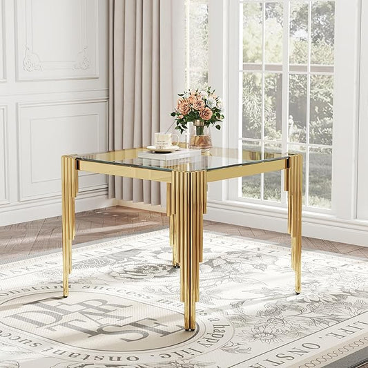 Modern Square Glass Dining Table for 4 People, Compact 37" Clear Tempered Glass Desktop with Gold Mirrored Stainless Steel Legs for Small Spaces, Perfect for Apartments