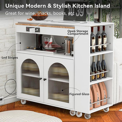 Rolling Kitchen Island with Extendable Table and LED Lights,Kitchen Cart with Power Outlets USB Ports Fluted Glass Doors Rubber Wood Top and Open Shelves, Mobile Storage Cabinet for Dining Room,White