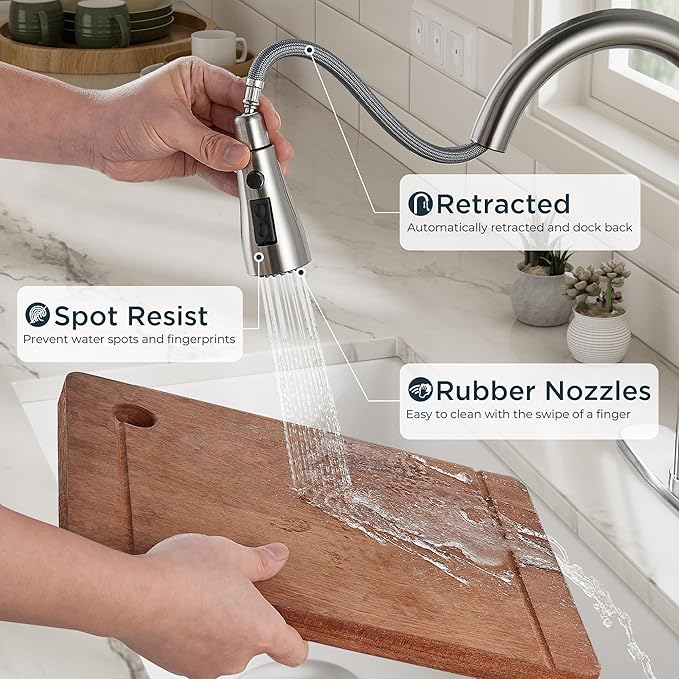 QFN Kitchen Faucet with Pull Down Sprayer Brushed Nickel, High Arc Single Handle Single Level Stainless Steel Pull Out Sink Faucet for Farmouse Camper RV Bar, Fit for 1 or 3 Hole