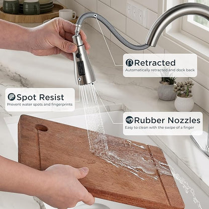 QFN Kitchen Faucet with Pull Down Sprayer Brushed Nickel, High Arc Single Handle Single Level Stainless Steel Pull Out Sink Faucet for Farmouse Camper RV Bar, Fit for 1 or 3 Hole