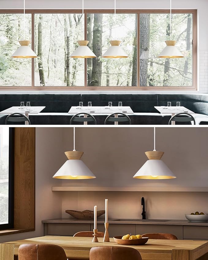 ELYONA Modern Pendant Light Fixtures 10" Solid Wood Hanging Lamp Nordic White Metal & Gold Inner Finish Boho Pendant Light for Farmhouse Kitchen Island Dining Room Bedroom Living Room Hallway
