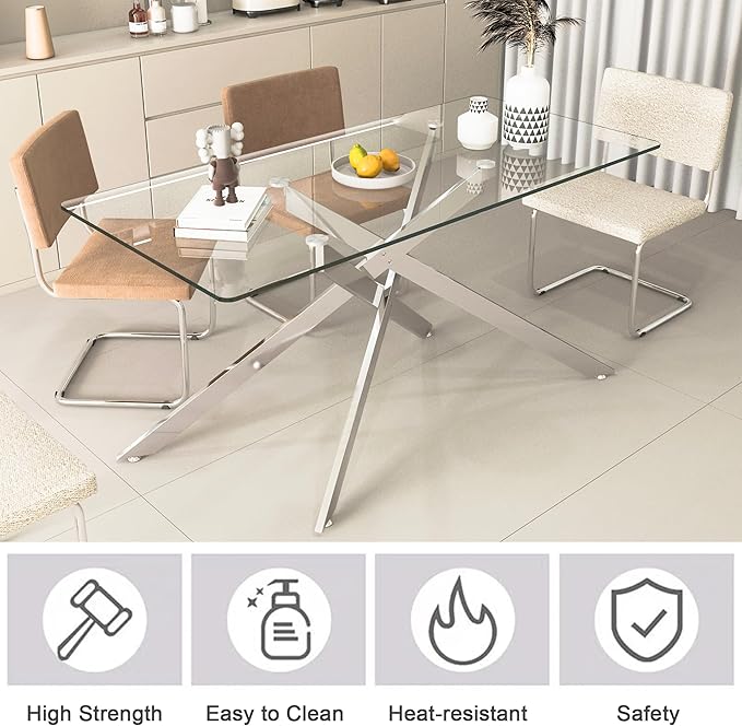 Silver Glass Dining Table for 6 Modern 60.6" Rectangular Kitchen Dining Room Table for 4-6 with X-Shape Metal Base Large Clear Glass Top Dining Tables for Home Kitchen