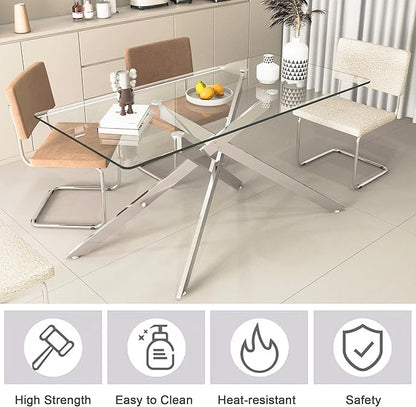 Silver Glass Dining Table for 6 Modern 60.6" Rectangular Kitchen Dining Room Table for 4-6 with X-Shape Metal Base Large Clear Glass Top Dining Tables for Home Kitchen
