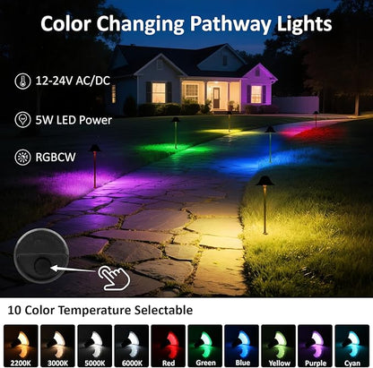 Low Voltage Color Changing Pathway Lights, 5W 12V Wired LED RGB Color Changing Landscape Lighting for Outdoor Garden Yard Pathway Path Walkway, High Pole, Heavy Duty, ETL, Black, 1PK