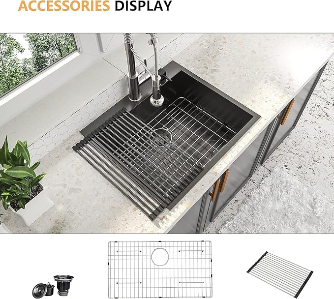 25x22 Drop In Kitchen Sink Black 16 Gauge Stainless Steel Single Bowl Drop Kitchen Sinks Nano PVD Gunmetal Black Handmade Large Deep Topmount Sinks, 25x22x9 Inch