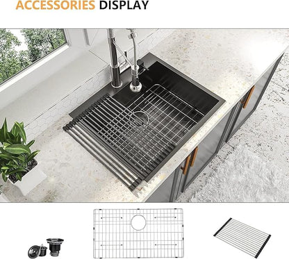 25x22 Drop In Kitchen Sink Black 16 Gauge Stainless Steel Single Bowl Drop Kitchen Sinks Nano PVD Gunmetal Black Handmade Large Deep Topmount Sinks, 25x22x9 Inch