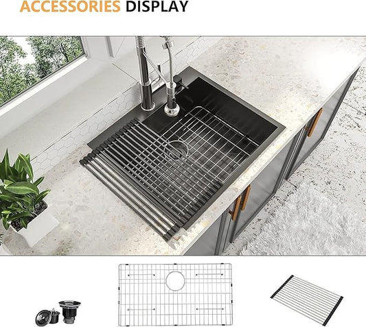 25x22 Drop In Kitchen Sink Black 16 Gauge Stainless Steel Single Bowl Drop Kitchen Sinks Nano PVD Gunmetal Black Handmade Large Deep Topmount Sinks, 25x22x9 Inch