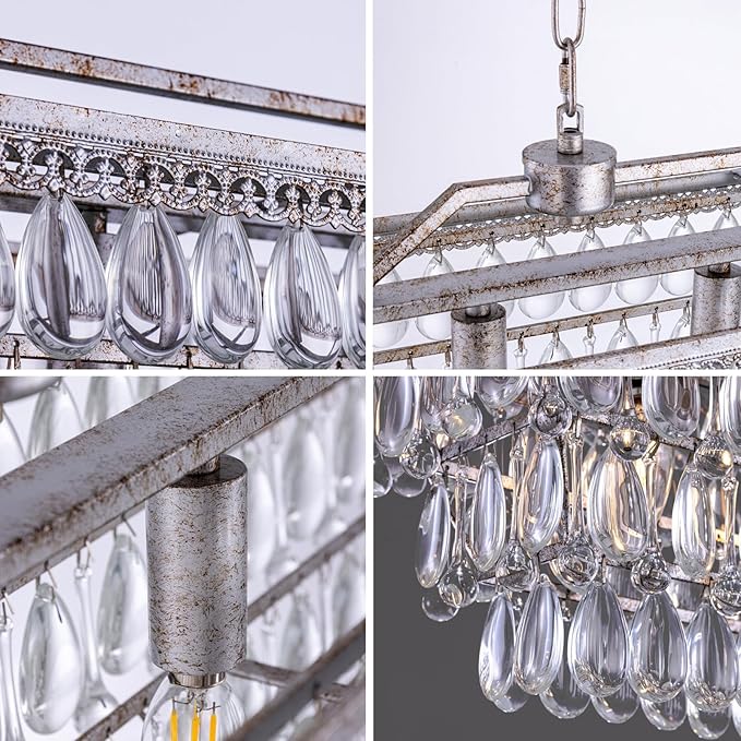 Wellmet Dining Room Crystal Chandelier, 40 Inch Antique Silver Rectangle Chandeliers 7 Lights 4 Tiers Farmhouse Ceiling Hanging Light, Vintage Large Light Fixtures for Kitchen Island, Living Room