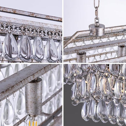 Wellmet Dining Room Crystal Chandelier, 40 Inch Antique Silver Rectangle Chandeliers 7 Lights 4 Tiers Farmhouse Ceiling Hanging Light, Vintage Large Light Fixtures for Kitchen Island, Living Room