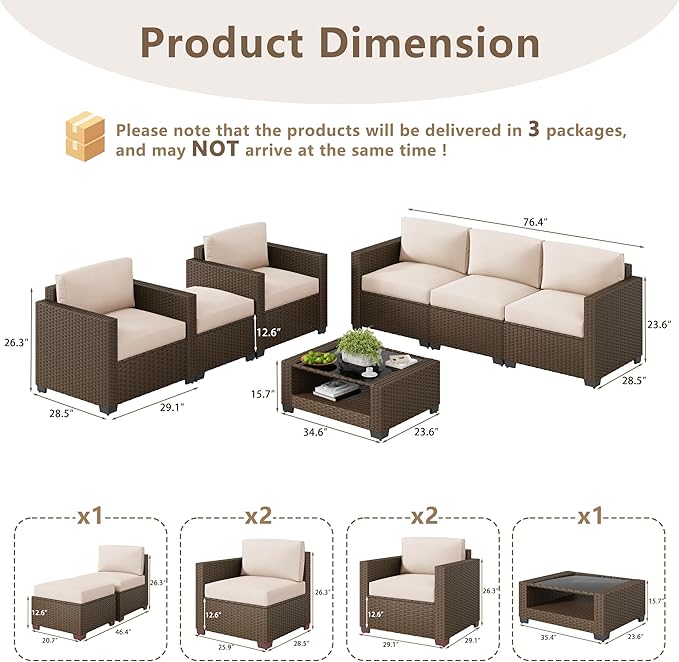 LOUVIXA 7 Piece Outdoor Patio Furniture Set, Rattan Chairs Glass Table Wicker Conversation Seating Sectional Sofa with Cushions (Brown-Beige, 7Pcs-2 Layer Coffee Table)