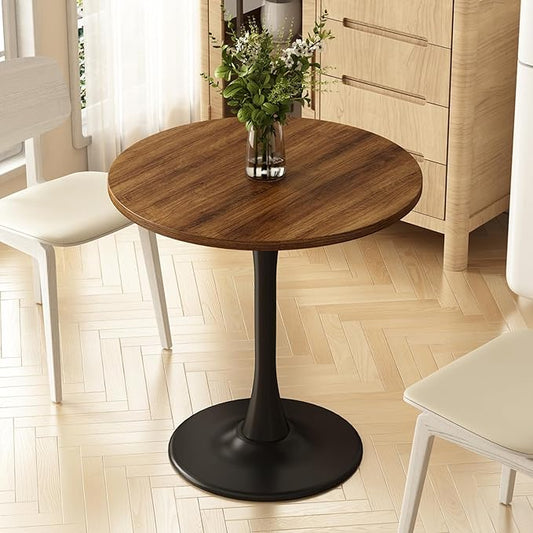 Round Dining Table 27.5" Circle Tulip Table with Wood Thickened Tabletop & Sturdy Metal Pedestal Mid Century Modern Farmhouse Kitchen Tables for 4 Small Places Living Room Cafe,Somber Walnut