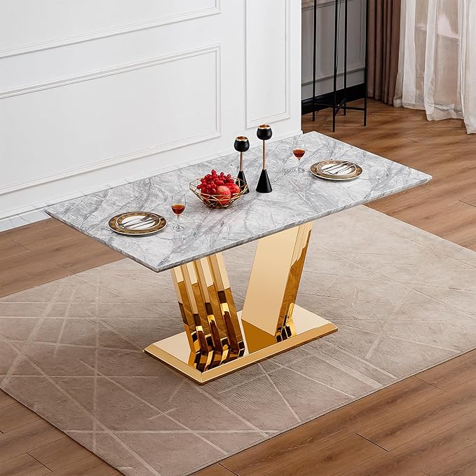 70" Marble Dining Table for 6-8, Modern Luxury Gold Rectangular Large Kitchen Table, Marble Grain MDF Tabletop & Stainless Steel Base, Dinner Furniture for Kitchen Dining Room, Meeting Room, Grey