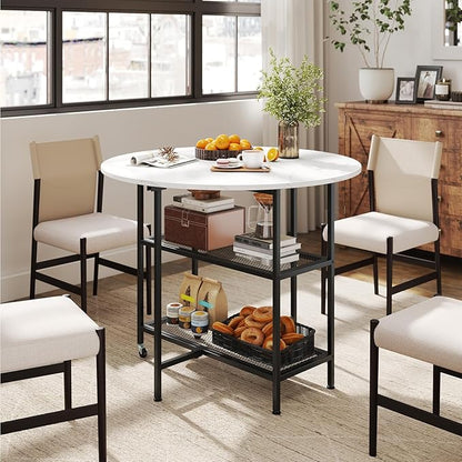 Giantex 40" Folding Dining Table with Lockable Wheels, Storage Shelves, Space-Saving Drop Leaf, Movable & Expandable Round Kitchen Table for Dinette Small Place Apartment Living Room (White)