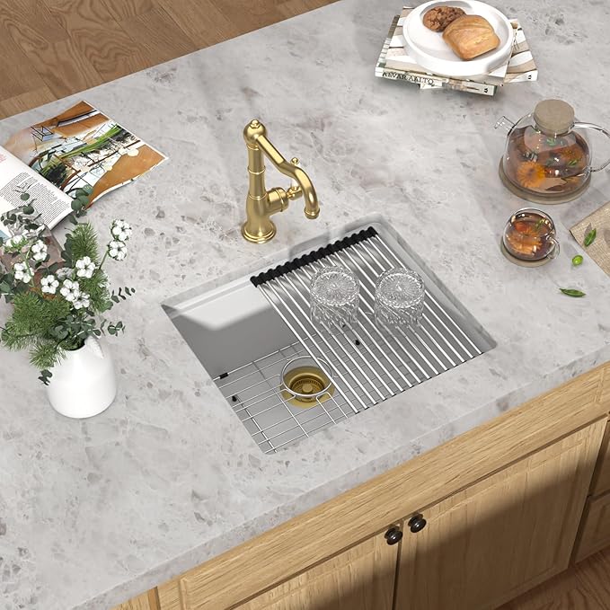 21"x18" Undermount Bar Sink Workstation - 21 Inch Granite Composite White Quartz Classic Single Bowl Under Counter Small Prep Rv Sink All-In One #TLGU-139