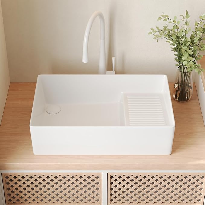 DeerValley 24x15 Inch Utility Vessel Sink, White Ceramic Rectangular Basin with Built-In Washboard and Side Drain, Laundry or Bathroom Sink, DV-1V0321