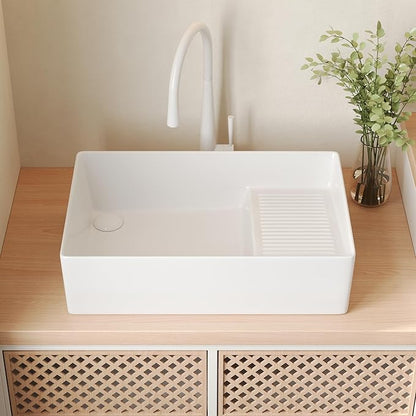 DeerValley 24x15 Inch Utility Vessel Sink, White Ceramic Rectangular Basin with Built-In Washboard and Side Drain, Laundry or Bathroom Sink, DV-1V0321