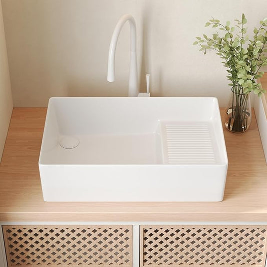 DeerValley 24x15 Inch Utility Vessel Sink, White Ceramic Rectangular Basin with Built-In Washboard and Side Drain, Laundry or Bathroom Sink, DV-1V0321