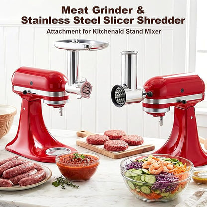 Meat Grinder & Stainless Steel Cheese Grater Attachment for KitchenAid Stand Mixer - 2 Pcs Kitchen Aid Accessories and Attachments Including Slicer Shredder and Food Grinder Attachment