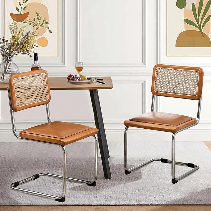 Alunaune Mid Century Modern Dining Chairs Set of 2, Upholstered Natural Rattan Kitchen Accent Chairs, Armless Side Chair with Metal Chrome Legs for Bedroom Living Room-Brown with PU Seat