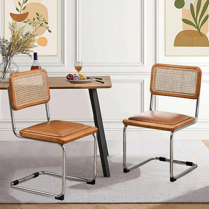 Alunaune Mid Century Modern Dining Chairs Set of 2, Upholstered Natural Rattan Kitchen Accent Chairs, Armless Side Chair with Metal Chrome Legs for Bedroom Living Room-Brown with PU Seat