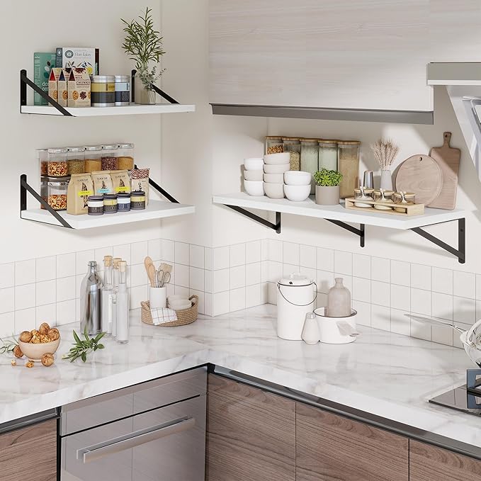 Deep Wall Shelves 48"W x 12"D Engineered Wood Floating Shelves for Wall, Sturdy Metal Bracket Bookshelves Home Decor Storage for Living Room Bedroom Bathroom Kitchen, Set of 2, White Finish
