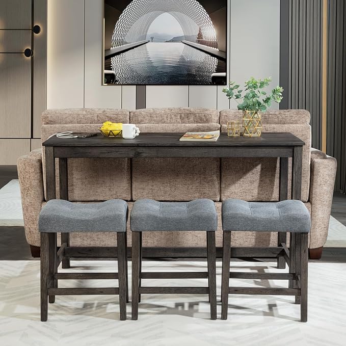 4 Piece Bar Table Set with Power Outlet, USB and Type-C Ports, Wooden Counter Height Table with 3 Upholstered Stools, Modern Dark Gray Bar Set for Kitchen or Dining Room