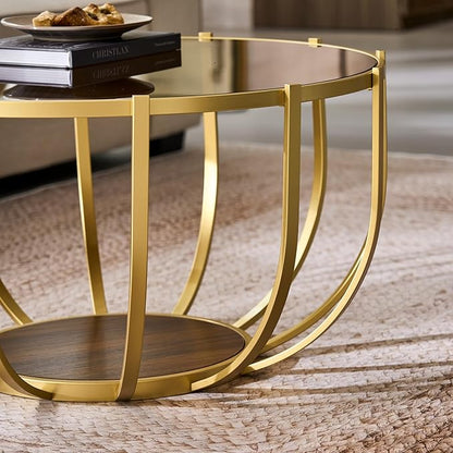 Saint Mossi 30" Glass Round Coffee Table for Living Room, Mid Century Modern 2-Tier Gold Drum Center Table, Brown Glass Top, Walnut Shelf with Gold Finish Legs & Frame, W30xH16.5