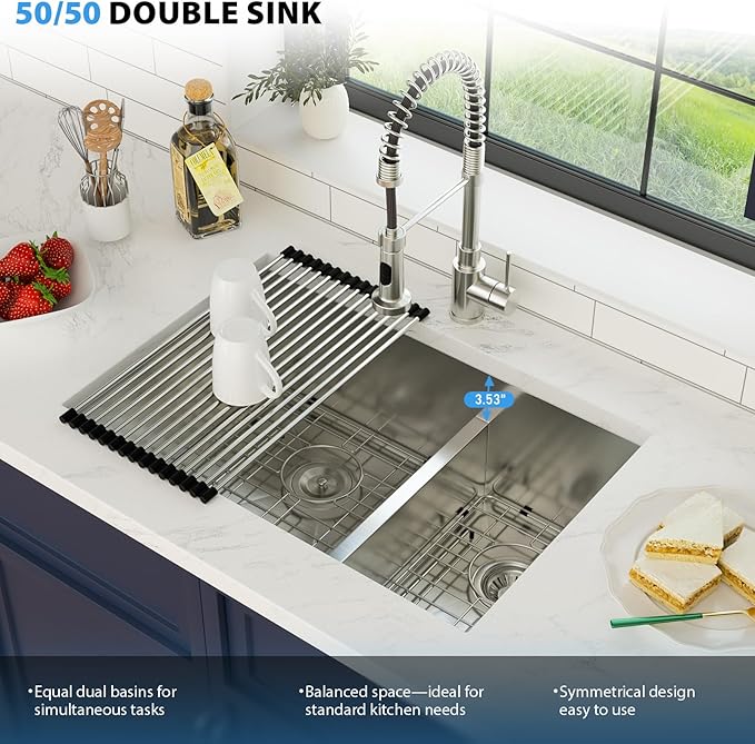 28 Inch Undermount Double Bowl Kitchen Sink 16 Gague 304 Stainless Steel Double Handmade Sinks 60/40 Large Deep Double Bowl Sinks 28"x19"x10"