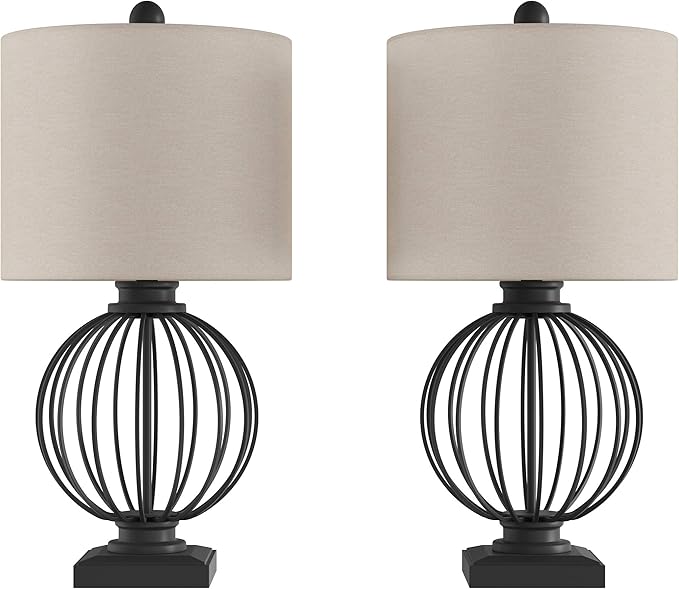 Modern Table Lamps - Set of 2 Wrought Iron Open Cage Lights with LED Bulbs - Rustic Farmhouse Style for Living Room or Bedroom by Lavish Home (Black)