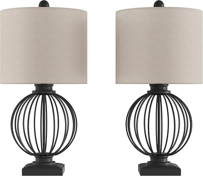 Modern Table Lamps - Set of 2 Wrought Iron Open Cage Lights with LED Bulbs - Rustic Farmhouse Style for Living Room or Bedroom by Lavish Home (Black)