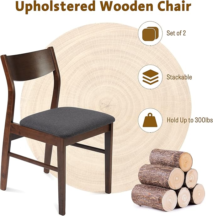 Wood Kitchen Dining Set of 2 Mid-Century Farmhouse Chairs With Upholstered Seat & Curved Backrest - Solid Wooden Brown