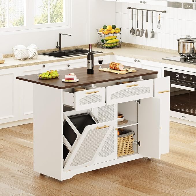 IDEALHOUSE 53.1" Rattan Kitchen Island with Storage, Rolling Dining Cart with Trash Storage Cabinet, Mobile Island Cart with Drop Leaf, Adjustable Shelves, Drawer, 5 Wheels (White)