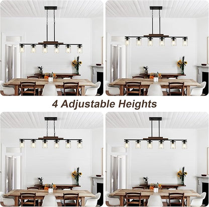 Dining Room Light Fixture Over Table, Farmhouse 6-Light Kitchen Island Lighting, Linear Black Chandelier with Clear Glass Shades, Modern Rustic Wood Pendant Kitchen Lights, with Adjustable Height