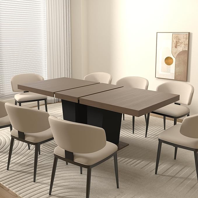 78" Dining Table for 4-10,Modern Expandable Rectangular Kitchen Table,Long Dining Room Tables with Black Double Sturdy Pedestal Base for Kitchen Living Room (Beige+Brown)
