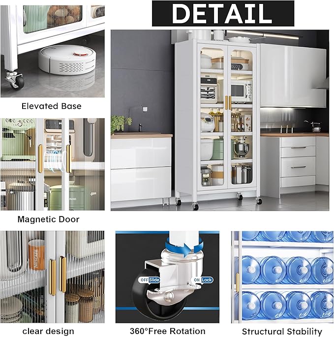 67.3" Kitchen Pantry Storage Cabinet,Display Storage Cabinet with Acrylic Glass Doors, Adjustable Shelves & Wheels,Metal Tall Food Pantries Cabinets,for Kitchen, Living Room and Dining Room, White