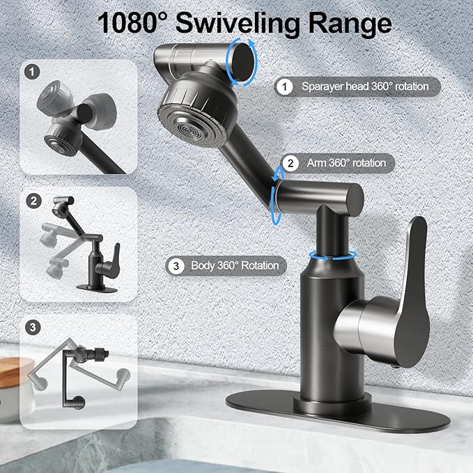 Bathroom Sink Faucet, FunnyAir Stainless Steel 1080° Rotatable Faucet for Sink 1 Hole or 3 Holes, Modern Style Single Handle Bathroom Faucets with Hot and Cold Hoses, Grey