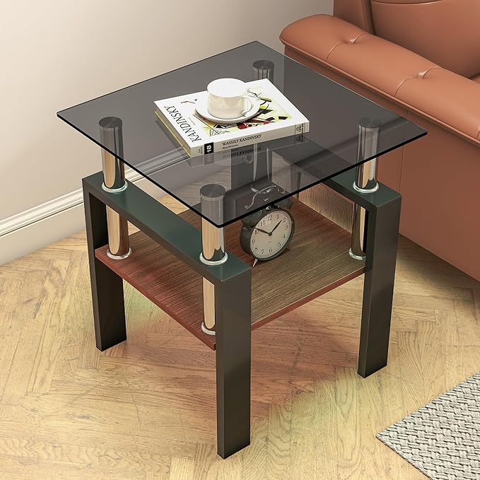Set of 2 Glass End Table, 2-Layer Glass Living Room Table, Modern Tea Table Side Tables for Home Office Furniture