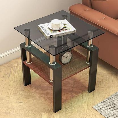 Set of 2 Glass End Table, 2-Layer Glass Living Room Table, Modern Tea Table Side Tables for Home Office Furniture