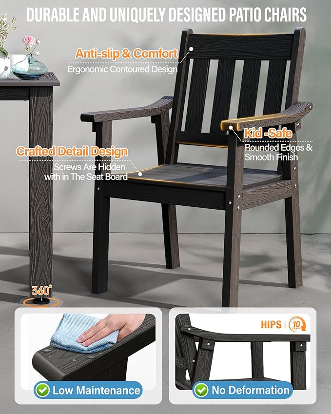 YEFU HIPS Patio Table Set: 5 Piece Outdoor Square Table and Chairs with Metal Aluminum Frame - Black Modern Plastic Patio Dining Furniture Set 4 Person for Outside Deck