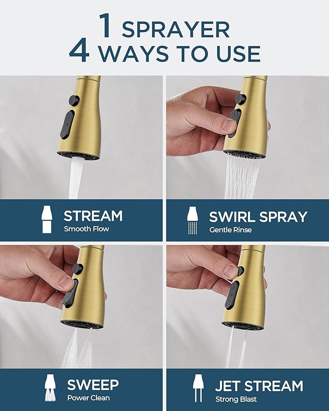 FORIOUS Gold Kitchen Faucet with Pull Down Sprayer, Classic High Arc Stainless Steel Faucet for Kitchen Sink, Single Handle for 1 or 3 Hole Decks for RV Bar Farmhouse Laundry Camper