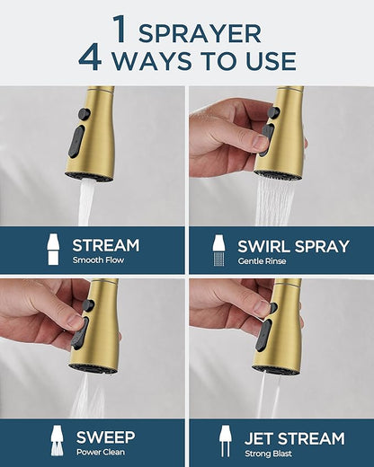 FORIOUS Gold Kitchen Faucet with Pull Down Sprayer, Classic High Arc Stainless Steel Faucet for Kitchen Sink, Single Handle for 1 or 3 Hole Decks for RV Bar Farmhouse Laundry Camper