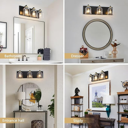 Vanity Lights for Bathroom Large 23", Farmhouse Rustic Vanity Light with Bubble Glass Shades, Black and Gold 3 Light Bathroom Lighting Fixtures Over Mirror, Bath Wall Sconce Home Decor