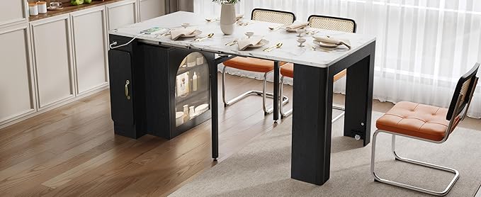 LifeSky Extendable Dining Table with Power Outlet & LED Light: Smart Expandable Kitchen Island Table with Storage Cabinet & Wheels for Small Space - Modern Furniture for Tech Enthusiasts & Urban Livin
