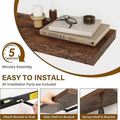 Floating Shelves for Wall, 22.5"W x 8"D Wall Shelf, Rustic Wood Floating Shelf 22.5 Inch Long, Bathroom Shelves Set of 2, 8 Inch Deep Floating Shelves for Living Room, Bedroom, Kitchen, Rustic Brown