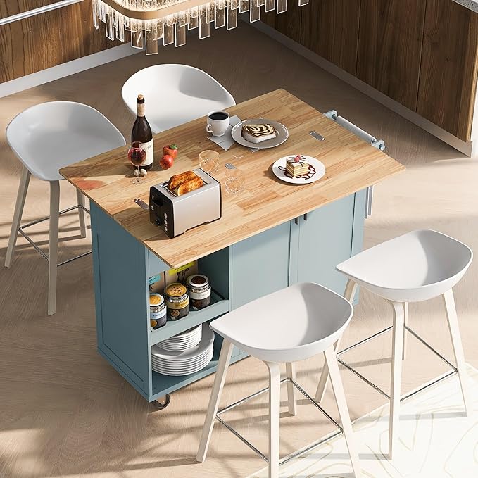 Rolling Kitchen Island Cart with Foldable Counter Top,Slide-Out Shelf and Lockable Wheels,Towel Rack and Drawer,for Kitchen Living Room Dining Room (Grey Blue@y)