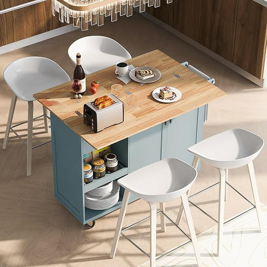 Rolling Kitchen Island Cart with Foldable Counter Top,Slide-Out Shelf and Lockable Wheels,Towel Rack and Drawer,for Kitchen Living Room Dining Room (Grey Blue@y)
